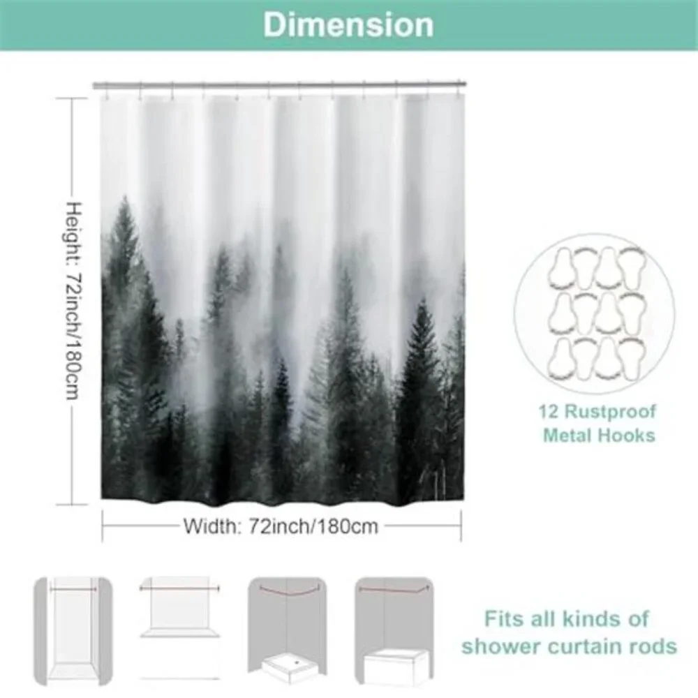 Dark Green Misty Forest Shower Curtain for Bathroom, Nature Woodland Curtain